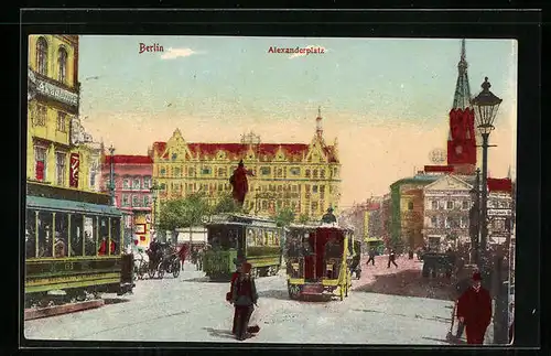 AK Berlin, Alexanderplatz mit Strassenbahnen und Litfasssäule