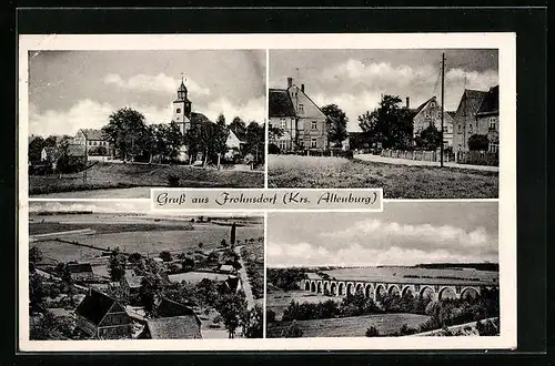 AK Frohnsdorf /Krs. Altenburg, Ortspartie mit Kirche, Brücke