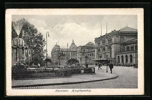 AK Hannover, Hauptbahnhof mit Springbrunnen