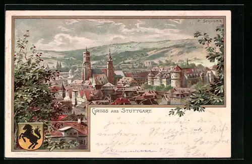 Lithographie Stuttgart, Ortsansicht, Wappen