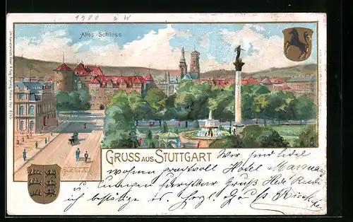 Lithographie Stuttgart, Ortspartie mit altem Schloss