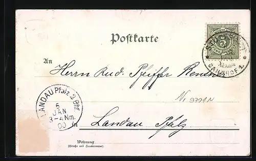 Lithographie Stuttgart, Ortspartie mit altem Schloss