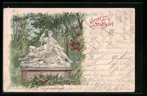 Lithographie Stuttgart, Eberhardsdenkmal im Grünen