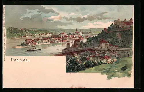 Lithographie Passau, Gesamtansicht mit Fluss