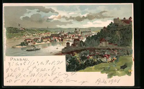 Lithographie Passau, Gesamtansicht mit Fluss