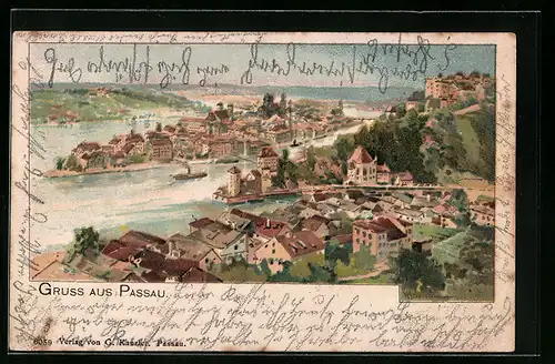 Lithographie Passau, Gesamtansicht mit Fluss