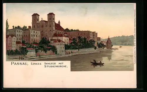 Lithographie Passau, Linkes Innufer mit Studienkirche