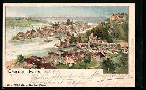 Lithographie Passau, Gesamtansicht mit Fluss