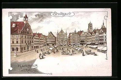 Lithographie Stuttgart, Marktplatz mit Rathhaus