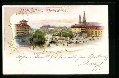 Lithographie Dresden, Ortspartie mit Postplatz