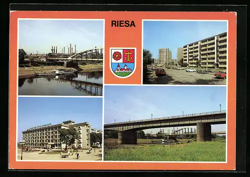 AK Riesa, Anlegestelle mit Stahl- und Walzwerk, Haus der Stahlwerker, Neue Elbbrücke, Wappen