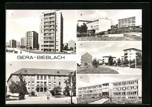 AK Gera-Bieblach, Hochhäuser, Bergarbeiter-Polyklinik, Karl-Marx-Oberschule