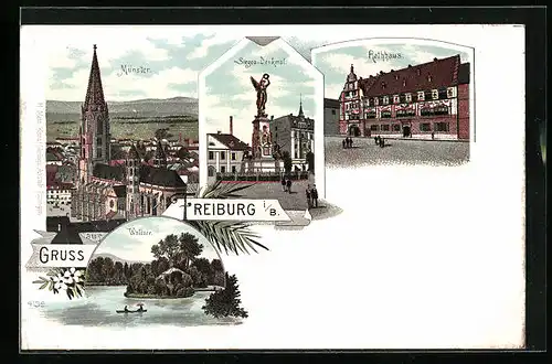 Lithographie Freiburg i. B, Teilansicht mit Münster, Rathhaus, Sieges-Denkmal