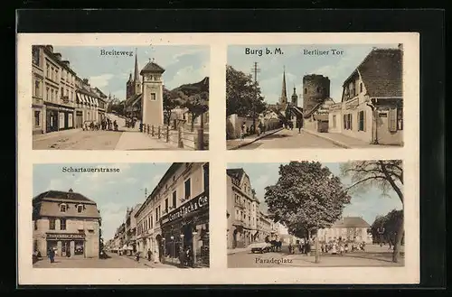 AK Burg b. M., Breiteweg, Schartauerstrasse, Paradeplatz