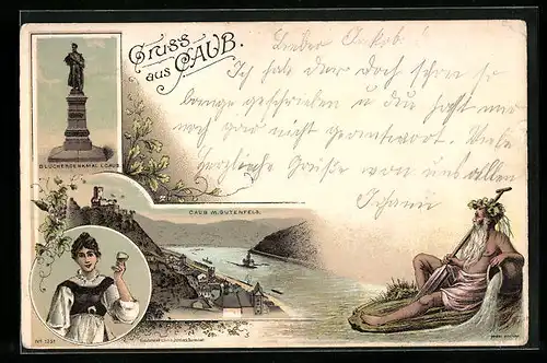 Lithographie Caub, Teilansicht mit Gutenfels und Wassermann, Blücherdenkmal