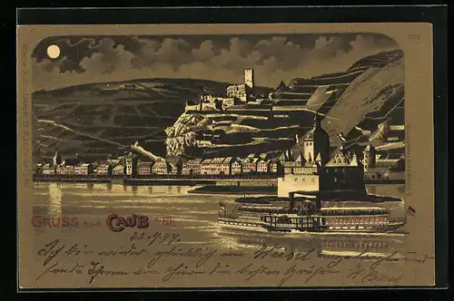Mondschein-Lithographie Caub /Rh., Ortsansicht mit Rheindampfer