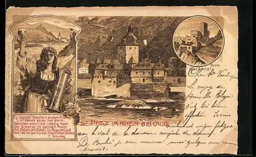 Lithographie Caub /Rh., Pfalz im Rhein, Ruine Gutenfels