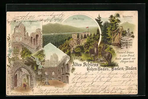 Lithographie Baden-Baden, Altes Schloss mit Rittersaal, Felsenbrücke