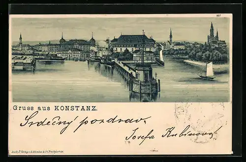 Lithographie Konstanz, Stadtpanorama vom Wasser gesehen