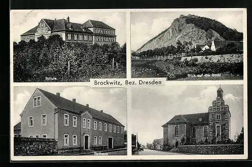 AK Brockwitz /Bez. Dresden, Schule, Rathaus, Blick auf die Bosel