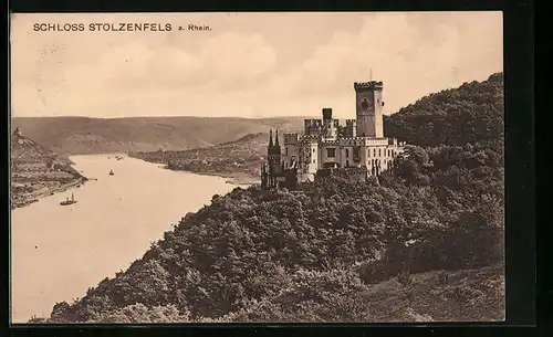 AK Capellen, Schloss Stolzenfels, Rheinpartie aus der Vogelschau