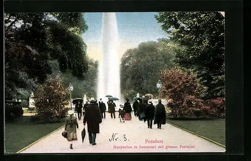 AK Potsdam, Hauptallee in Sanssouci mit grosser Fontäne