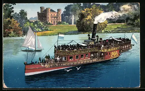 AK Berg / Starnberger See, Schloss Berg, Seepartie mit Dampfer