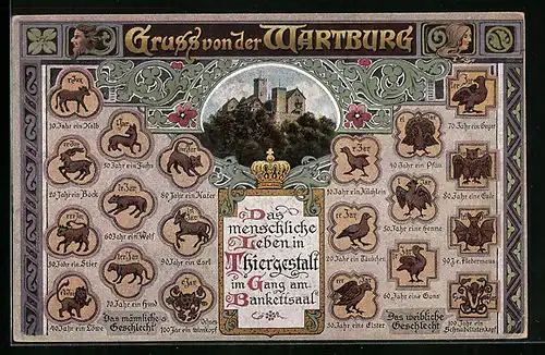AK Eisenach, Blick zur Wartburg, Malereien im Gang am Bankettsaal