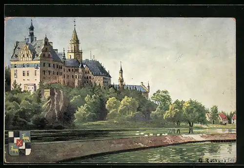AK Sigmaringen, Blick zum Schloss, Wappen