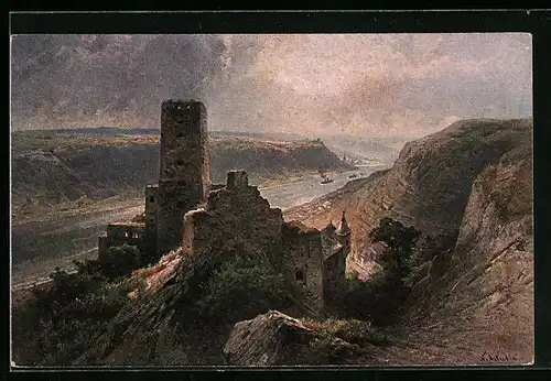 AK Kaub, Burg Gutenfels, Rheinpartie aus der Vogelschau