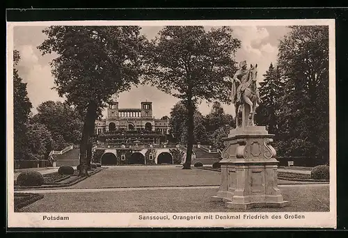 AK Potsdam, Sanssouci, Orangerie mit Denkmal Friedrichs des Grossen