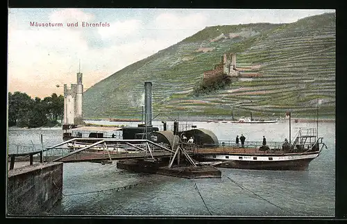 AK Bingen / Rhein, Mäuseturm und Ehrenfels, Rheinpartie mit Dampfer