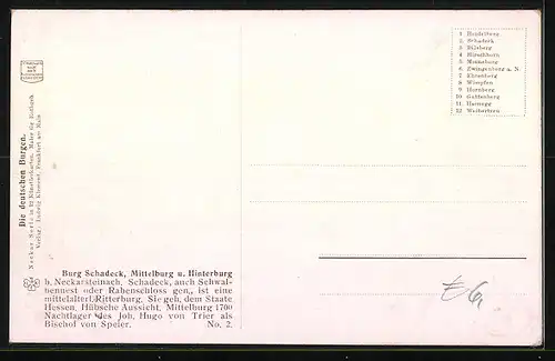 AK Neckarsteinach, Burg Schadeck, Mittelburg und Hinterburg, Flusspartie aus der Vogelschau