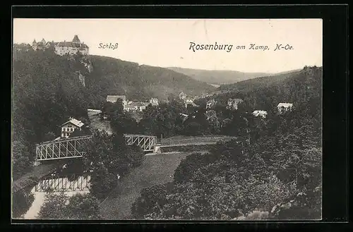 AK Rosenburg a. Kamp, Ortsansicht mit Schloss, Flusspartie und Brücke