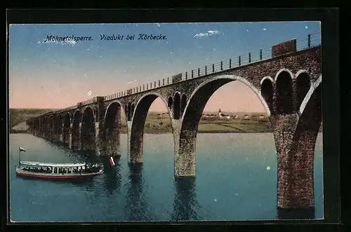 AK Körbecke, Möhnetalsperre, Viadukt, Dampfer auf dem See