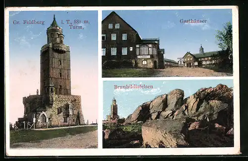 AK Grosser Feldberg / Taunus, Aussichtsturm, Gasthäuser und Brunhildisfelsen