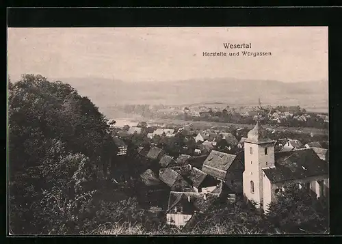 AK Herstelle / Weser, Ortsansicht aus der Vogelschau, Blick nach Würgassen