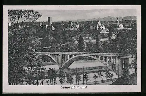 AK Grünwald i/Isartal, Ortsansicht mit Brücke aus der Vogelschau