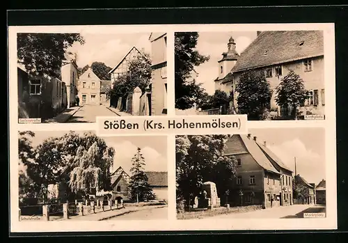 AK Stössen / Hohenmölsen, Seilerstrasse, Schulstrasse, Marktplatz und Kirchplatz