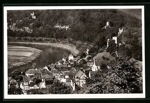 AK Neckarsteinach, Ortsansicht und Flusspartie aus der Vogelschau