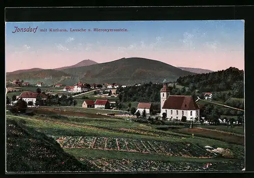 AK Jonsdorf, Ortsansicht mit Kurhaus, Lausche und Hieronymusstein