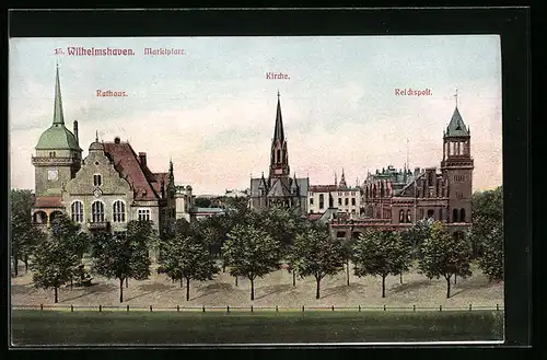 AK Wilhelmshaven, Marktplatz mit Rathaus, Kirche und Reichspost