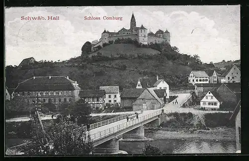 AK Schwäb. Hall, Schloss Comburg, Flusspartie mit Brücke