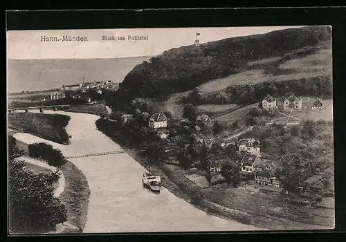 AK Hann.-Münden, Blick ins Fuldatal, Flusspartie mit Dampfer aus der Vogelschau