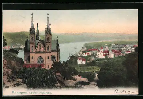 AK Remagen, Apollinariskirche, Rheinpartie aus der Vogelschau