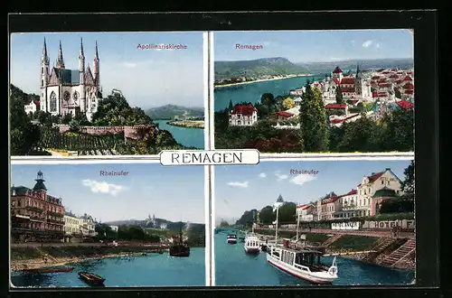 AK Remagen, Apollinariskirche, Rheinufer, Dampfer an der Anlegestelle und Ortsansicht aus der Vogelschau
