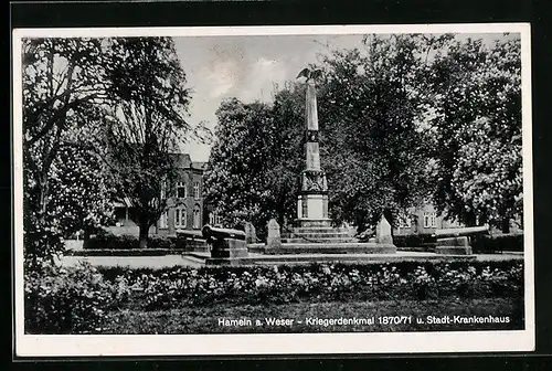 AK Hameln, Kriegerdenkmal 1870 /71 und Stadt-Krankenhaus