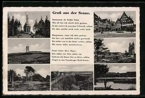 AK Senne, Hermanns-Denkmal, Albedyllturm, Diebesturm, Paderborn-Rathaus, Hannes-See