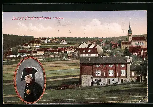 AK Friedrichsbrunn / Harz, Ortsansicht aus der Vogelschau, Porträt Friedrich der Grosse