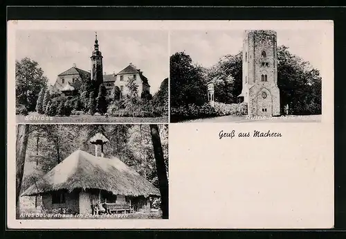 AK Machern, Schloss, Altes Bauernhaus im Park, Ruine im Park Machern